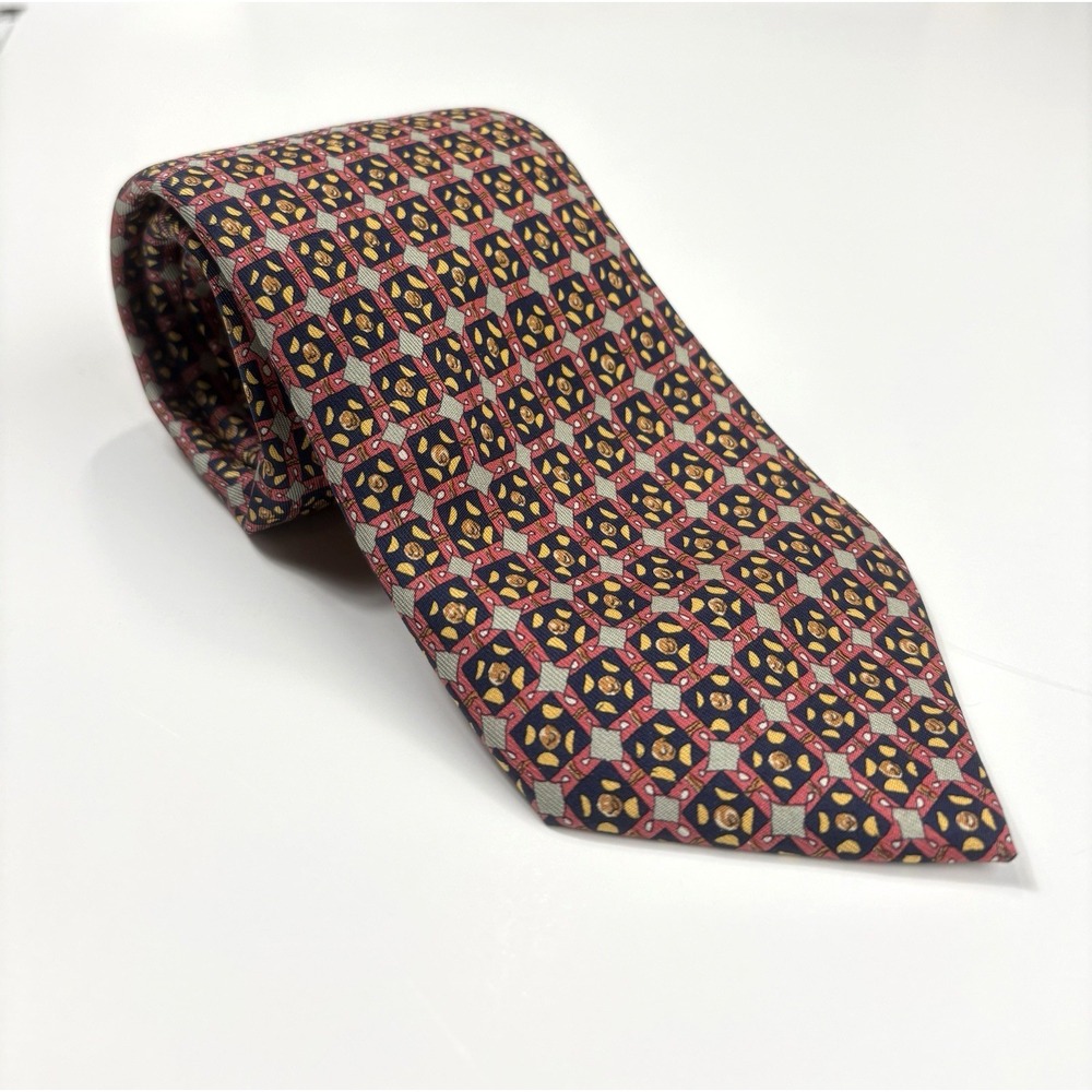 Vintage HERMÈS Geometric Pattern Silk Tie 7944 MA Made in France Navy Dusty Pink